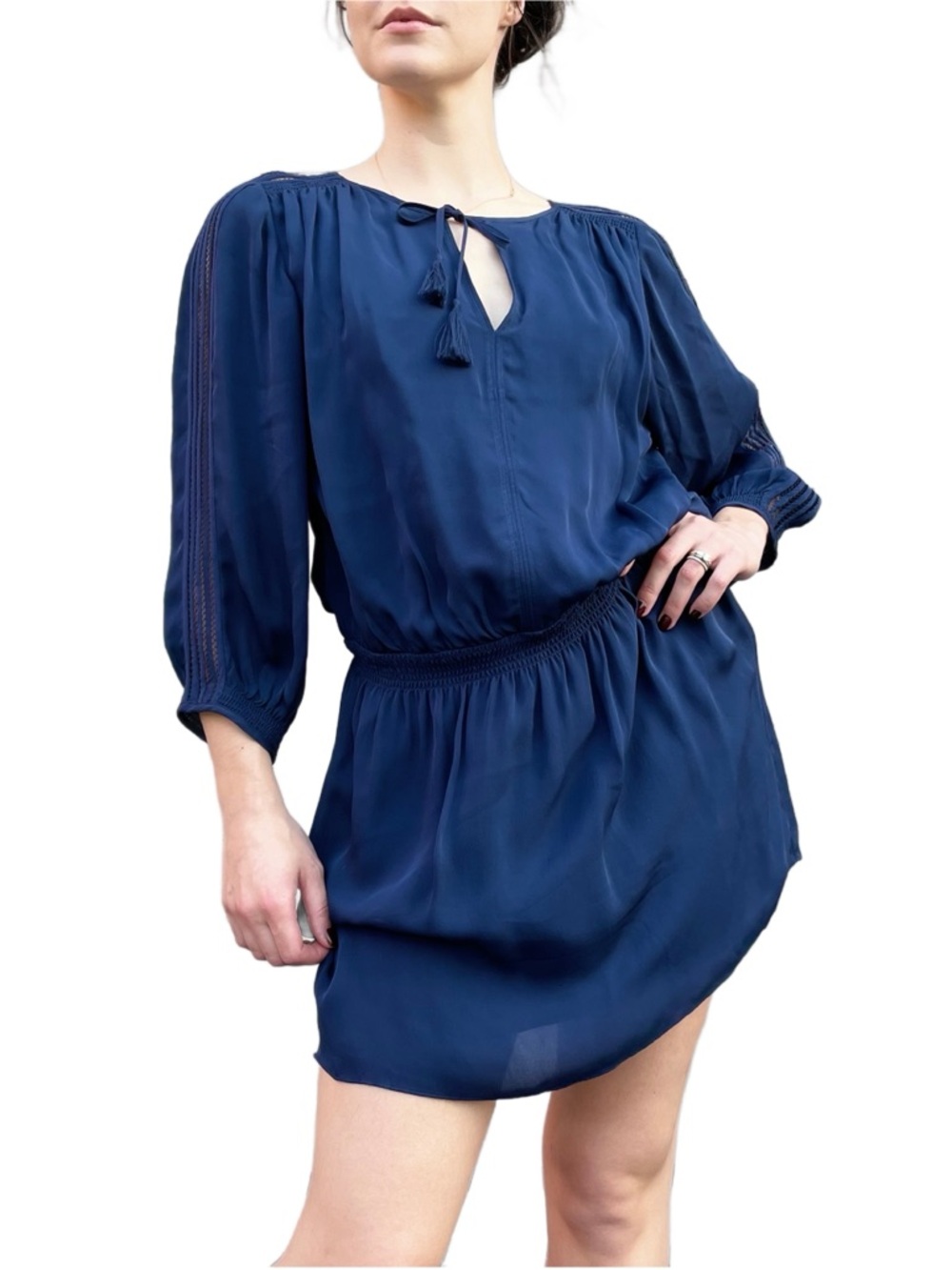 Joie Navy Silk Chiffon Smocked Mini Dress Small